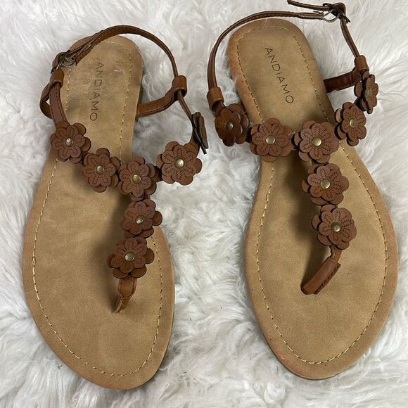 ANDIAMO Brown Floral Thong Sandals Ladies Size 8 1/2 - Picture 2 of 11